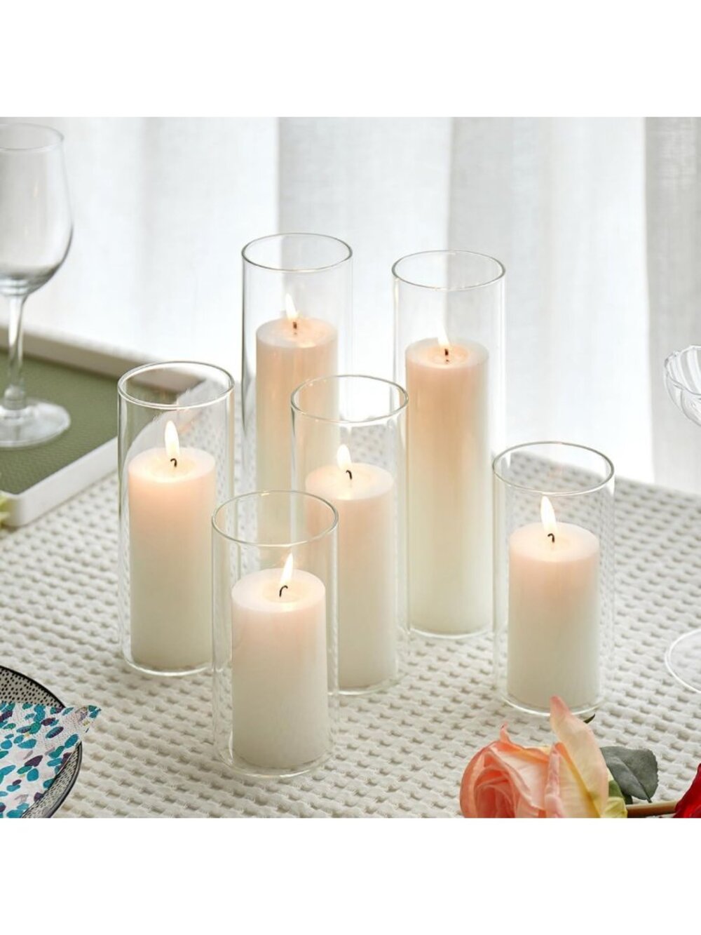 Elegant White Pillar Candles with Glass Hurricane Holders - Perfect for Weddings